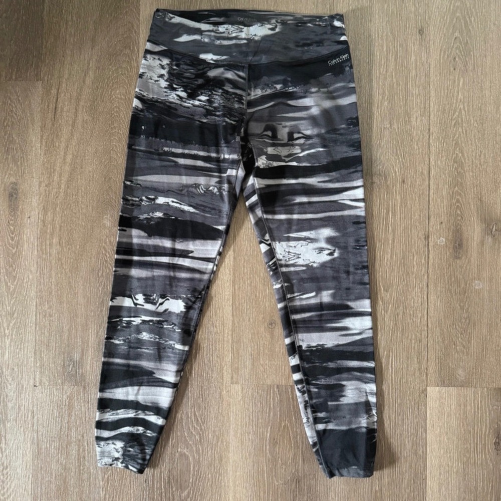 Calvin Klein Performance Leggings Womens L Black Gray Abstract Brushstroke Print